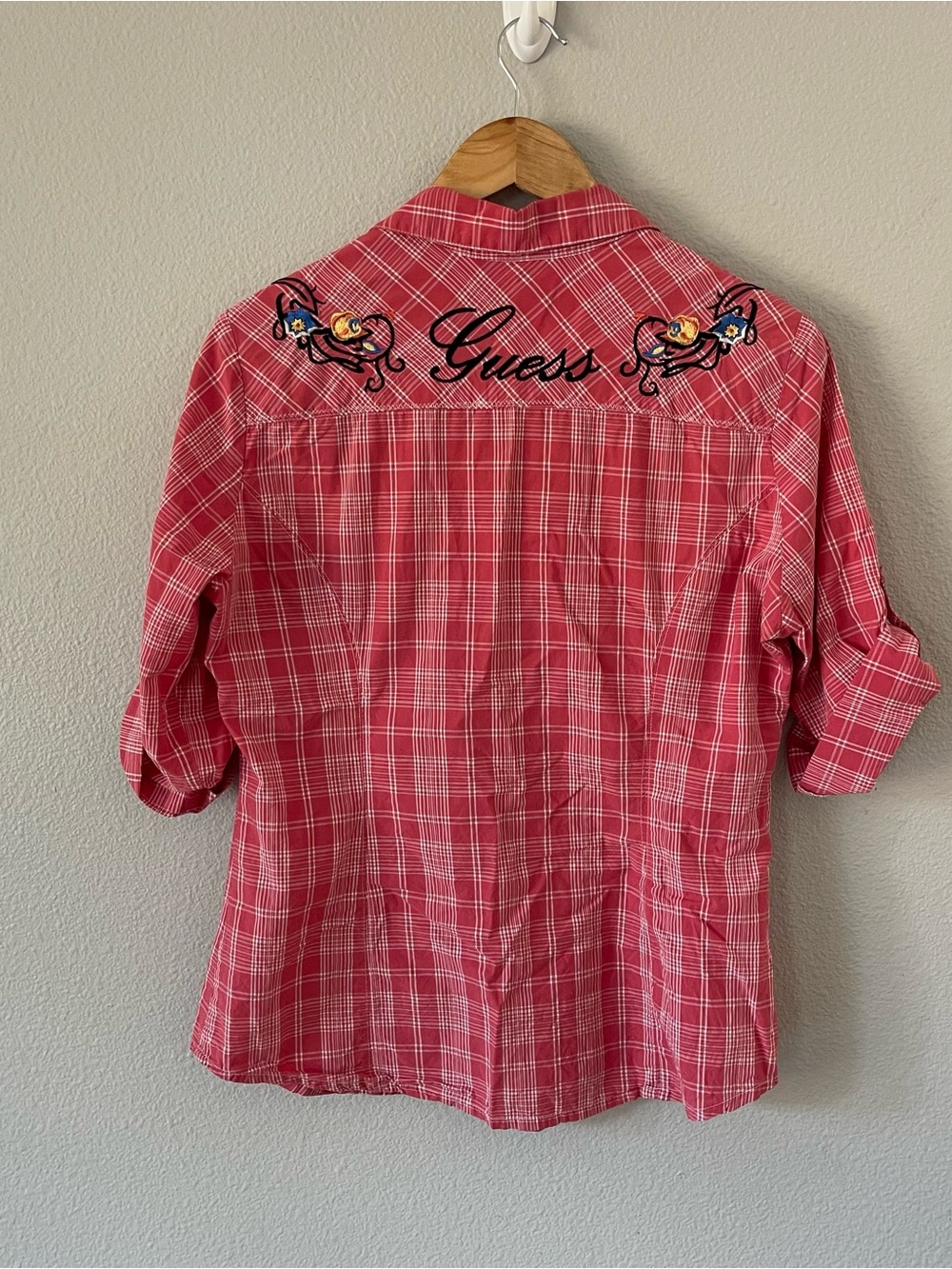 Vintage Y2K GUESS Embroidered Red Plaid Western Cowgirl Button Up Shirt XL